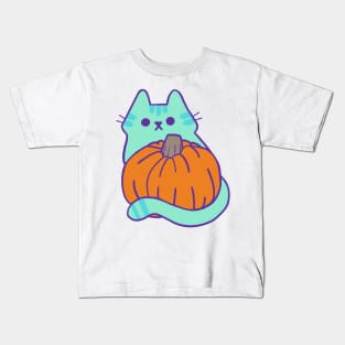 Teal Kitty Pumpkin Kids T-Shirt